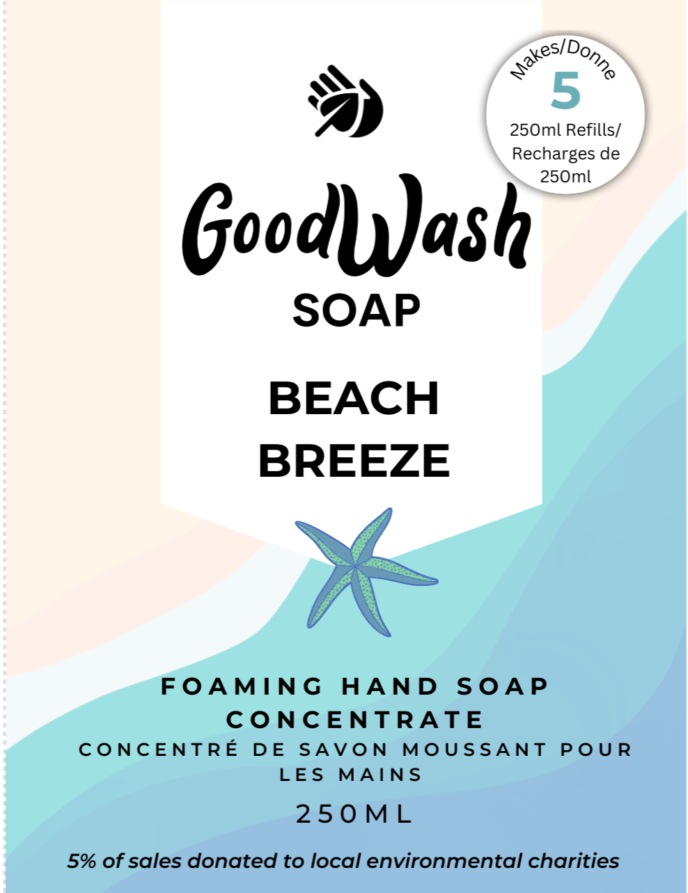 Goodwash Beach Breeze Foaming Hand Soap refill concetrate label 250ml. Makes 5 refills. 5% of sales donated to local environmental charities.