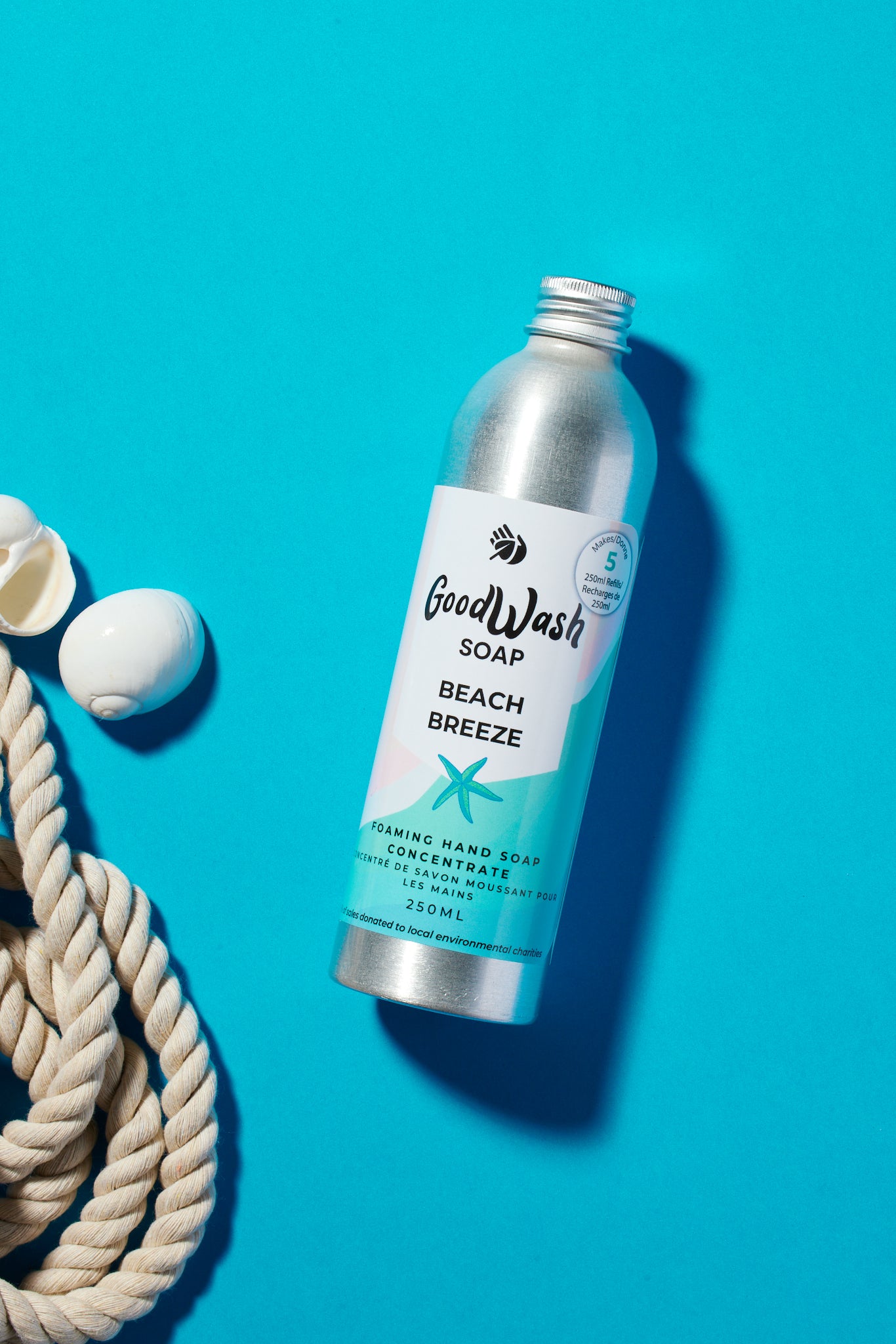 Beach Breeze foaming hand soap refill concentrate 250ml bottle on a bright blue background