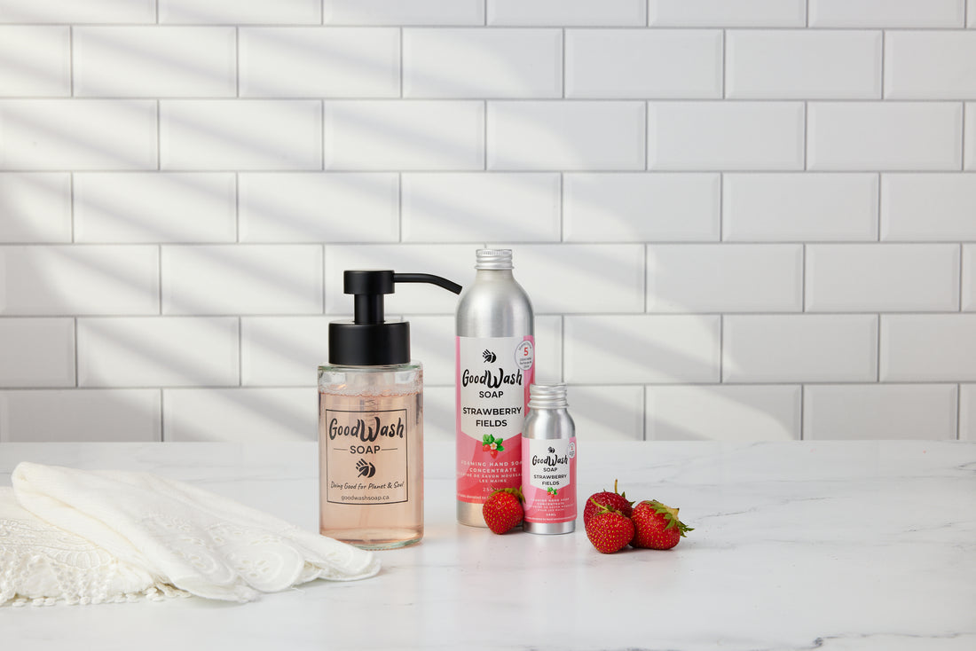 Foaming hand soap dispenser and soap concentrate refill in Strawberry Fields scent