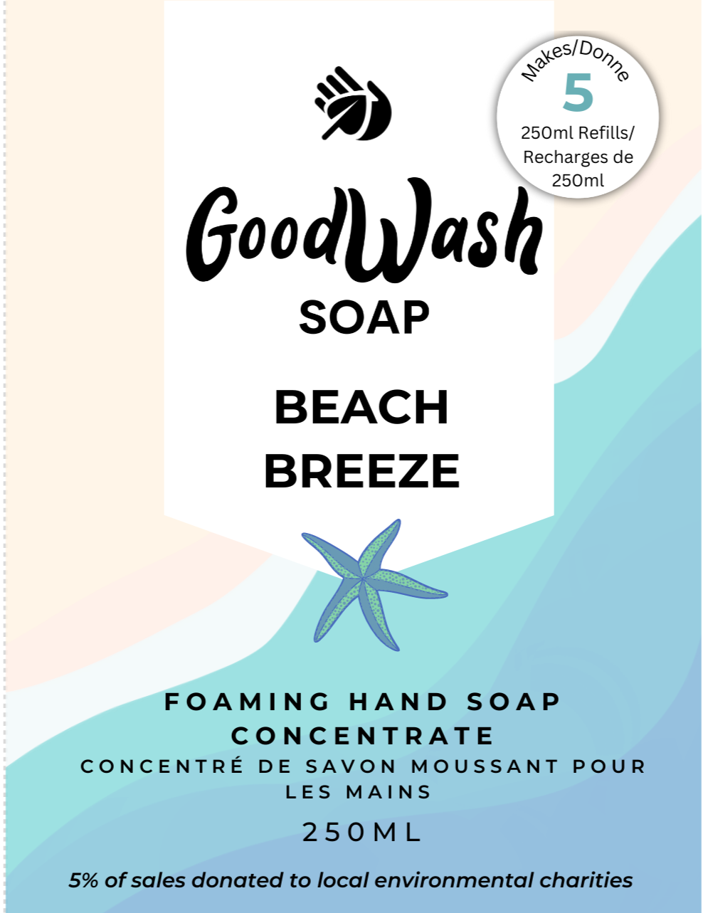 Goodwash Beach Breeze Foaming Hand Soap refill concetrate label 250ml.  Makes 5 refills. 5% of sales donated to local environmental charities.